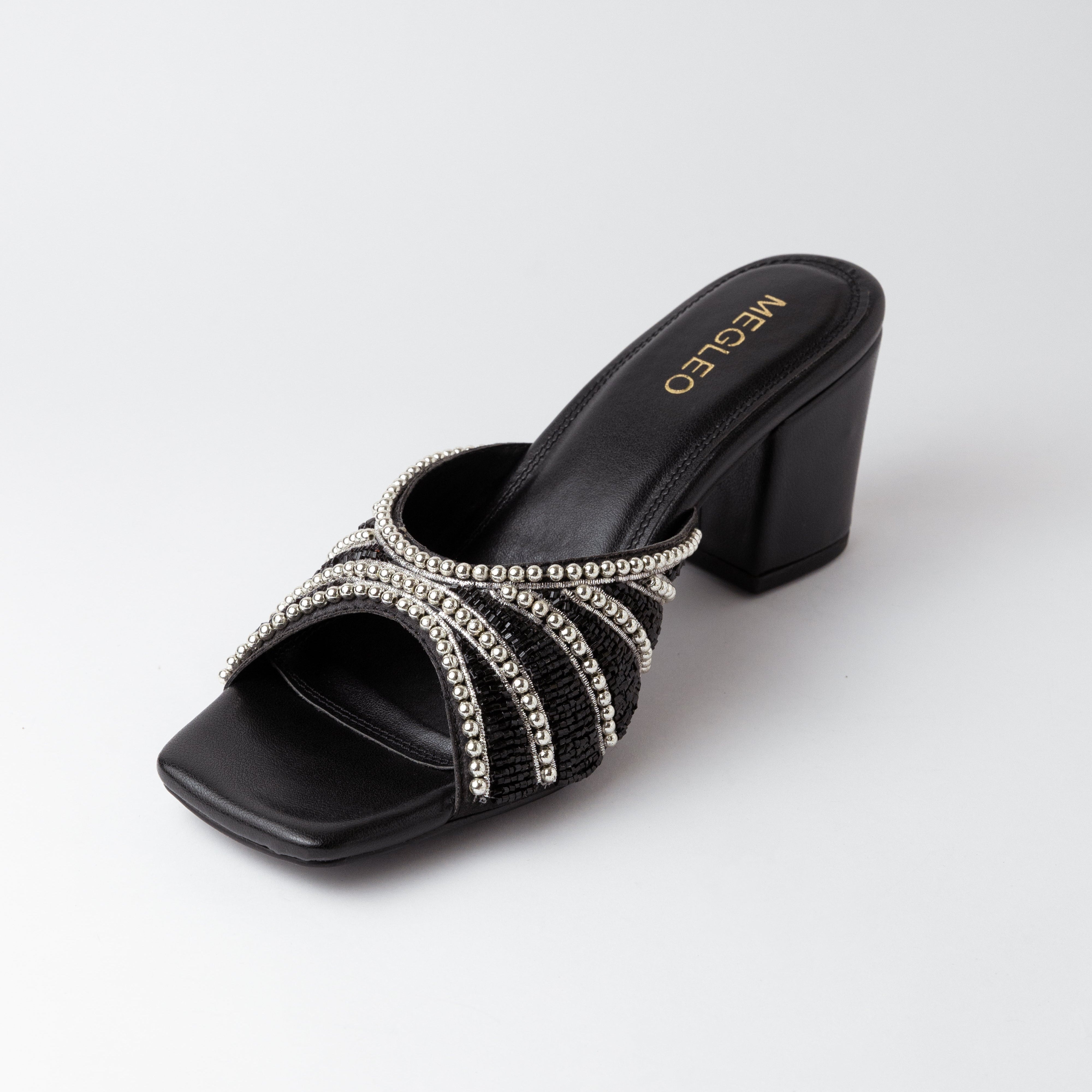 Image of Black Handmade Embroidered Strap Heels