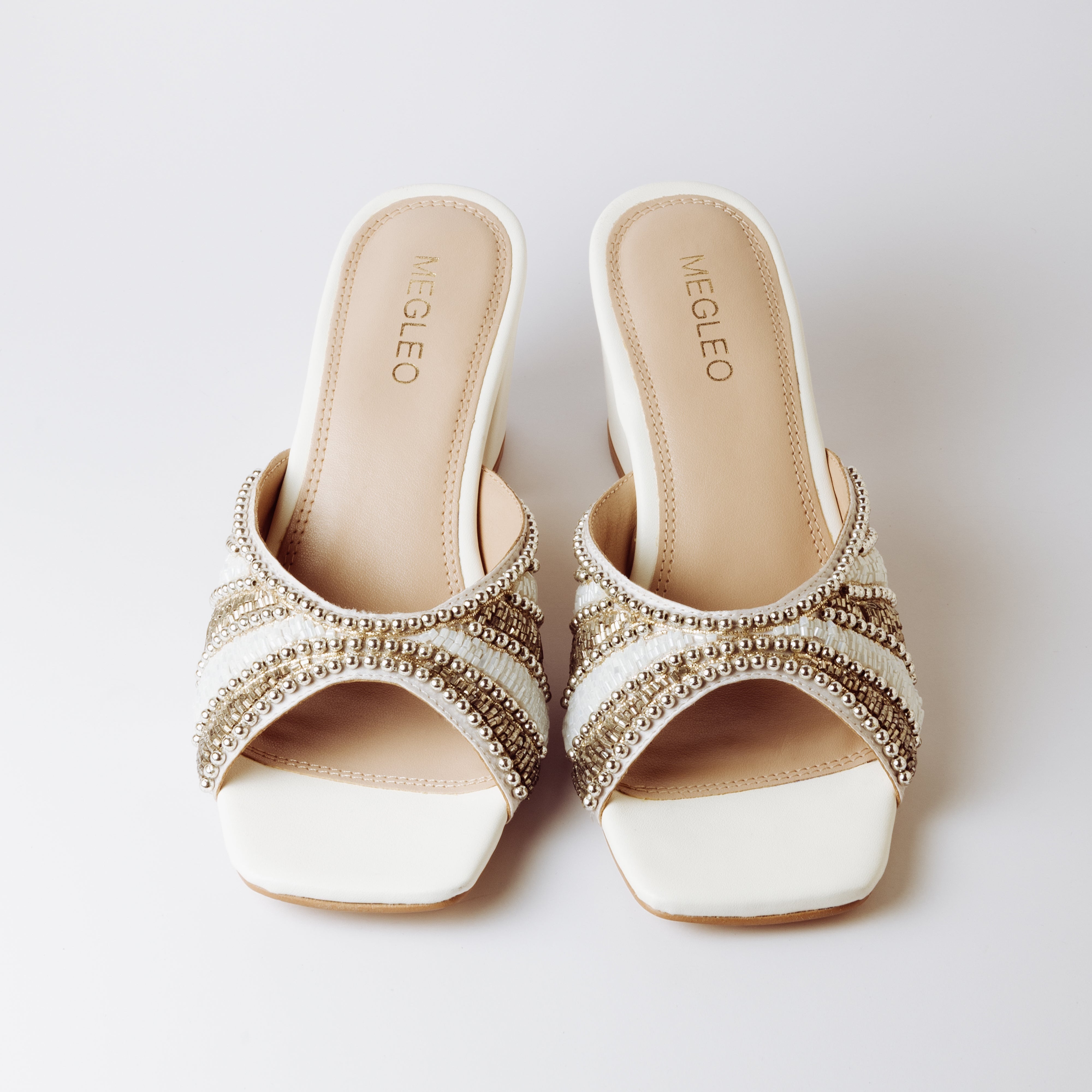 Image of White Handmade Embroidered Strap Heels