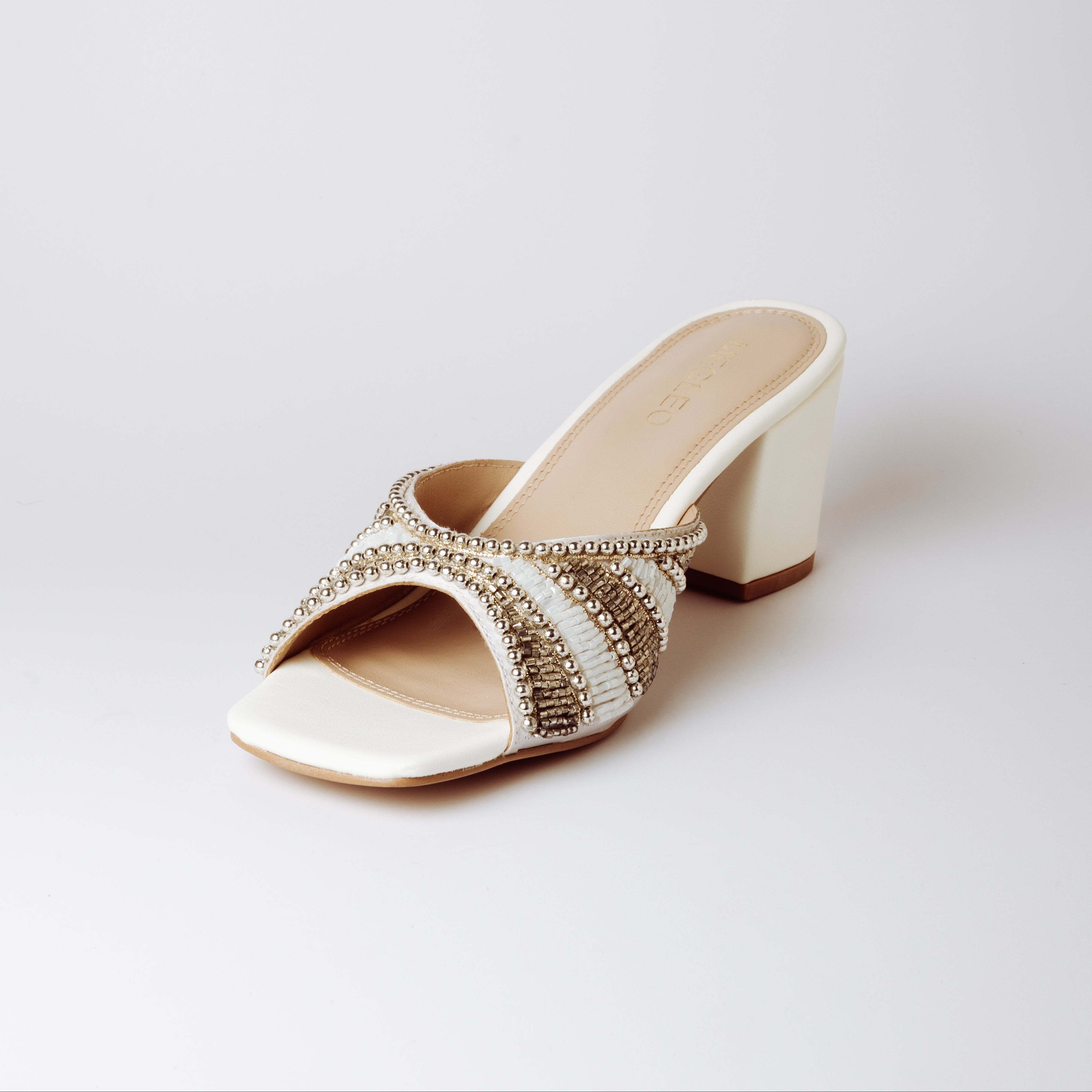 Image of White Handmade Embroidered Strap Heels