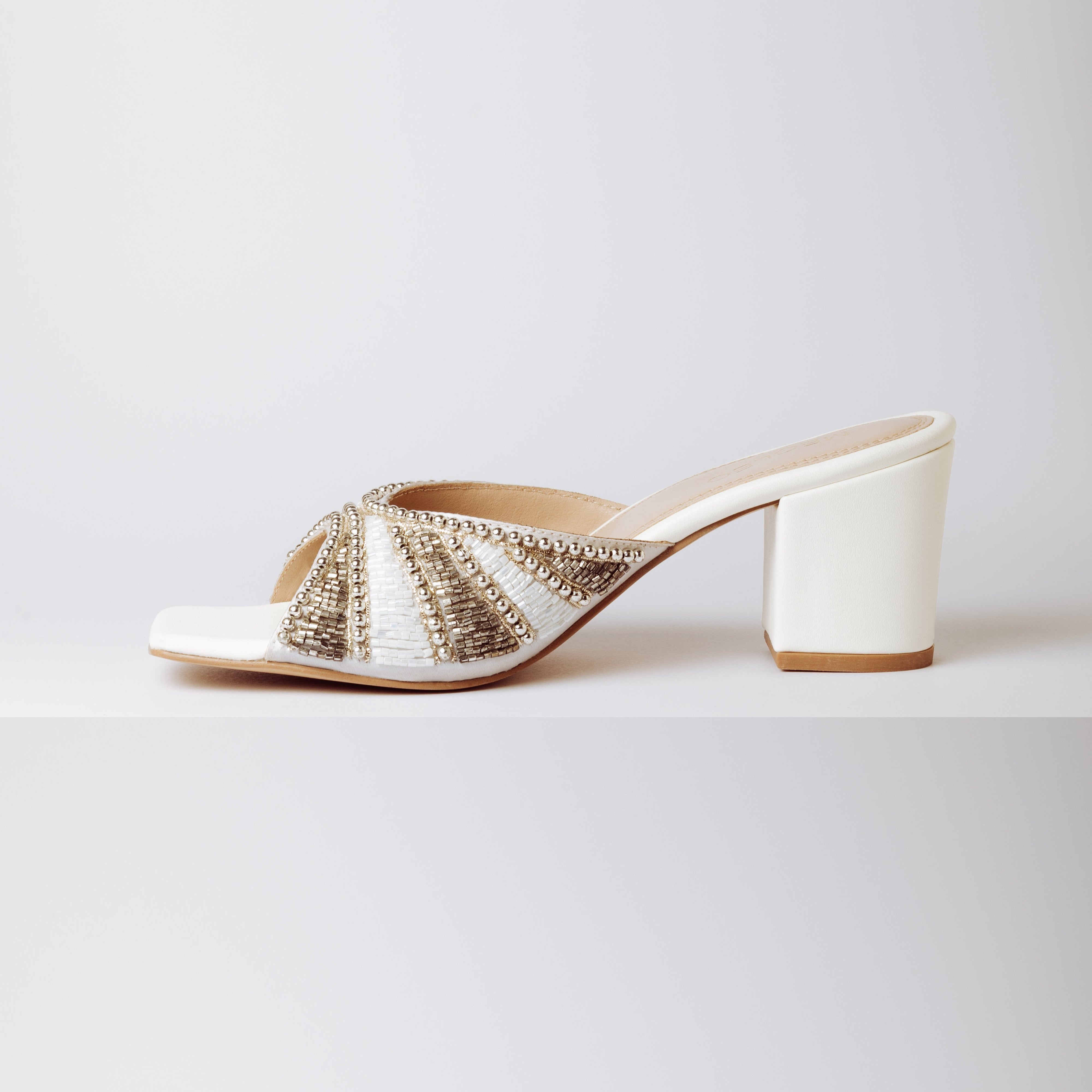 Image of White Handmade Embroidered Strap Heels