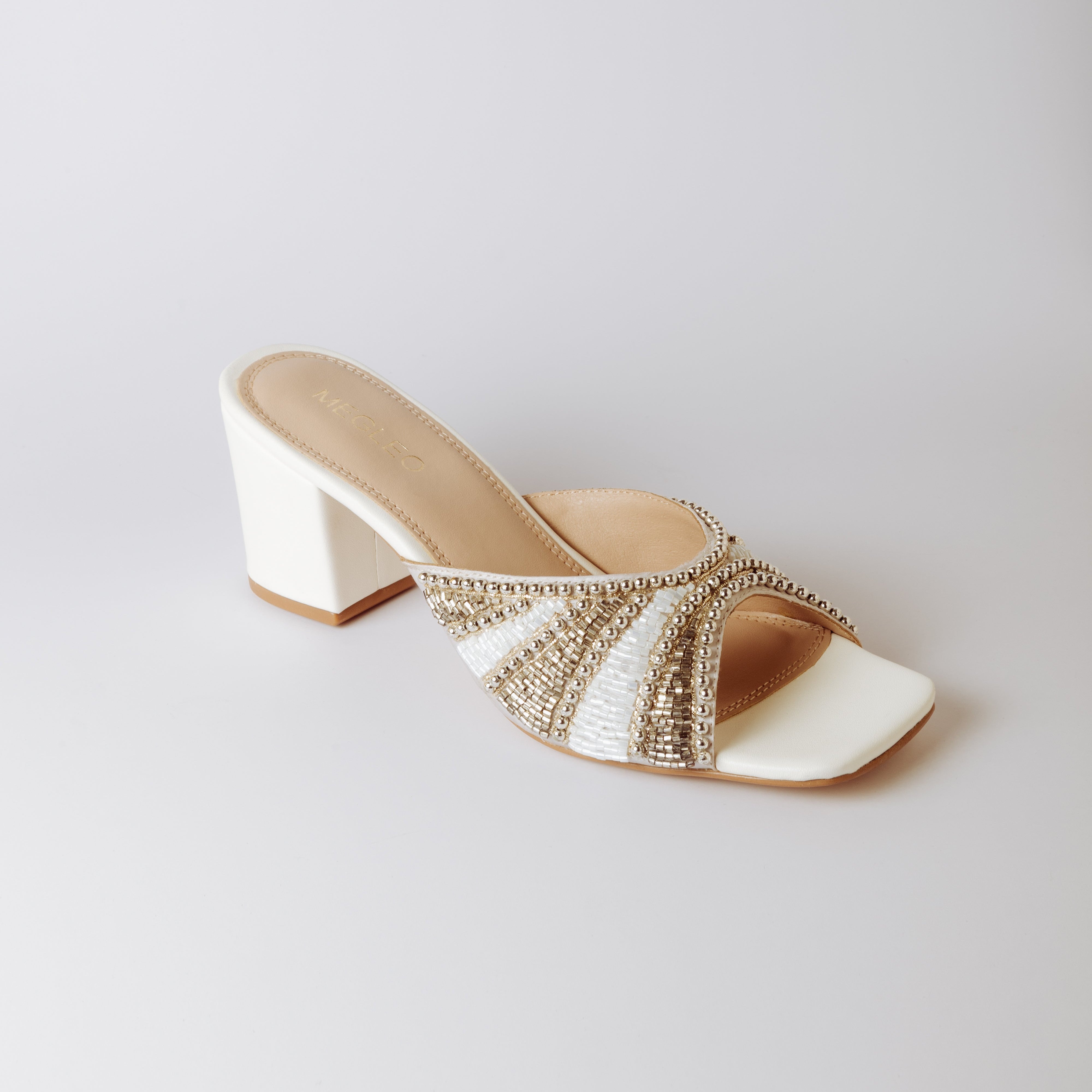 Image of White Handmade Embroidered Strap Heels