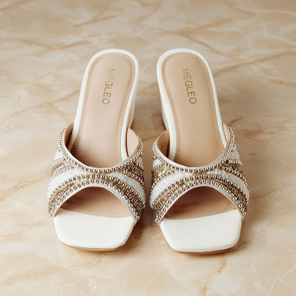 Image of White Handmade Embroidered Strap Heels