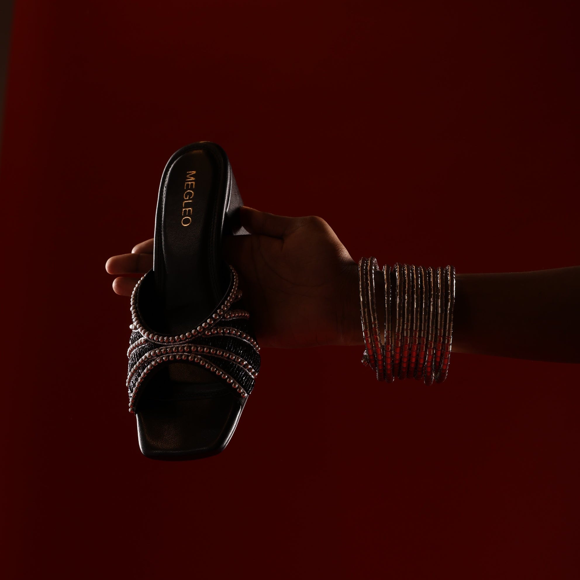 Image of Black Handmade Embroidered Strap Heels